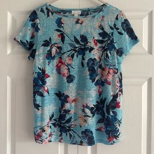 J. Jill Love Linen Light Blue Floral Print Short Sleeve Top - Size Small